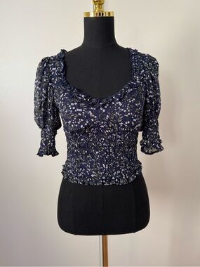 Floral Navy Smocked Puff-Sleeve Crop Top